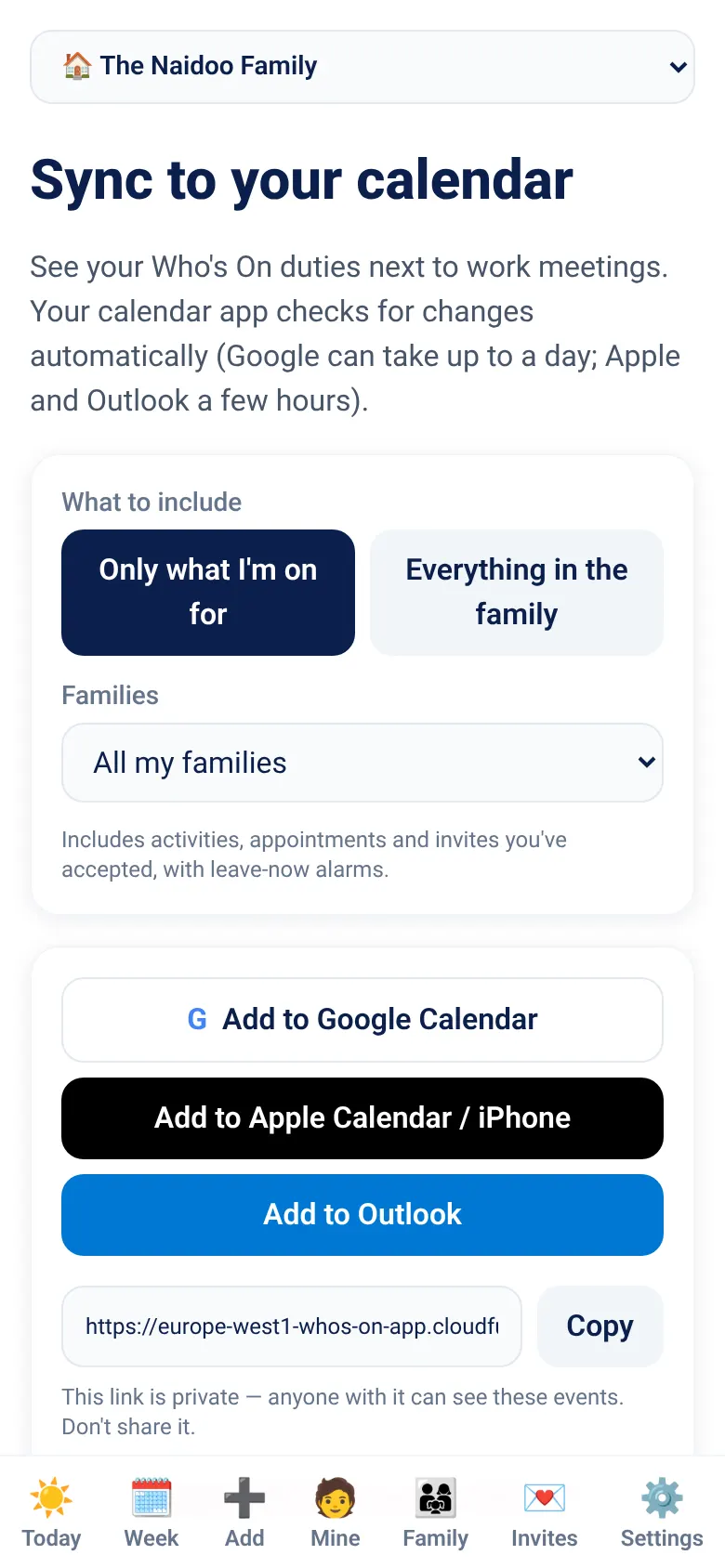 Who's On Calendar sync screen